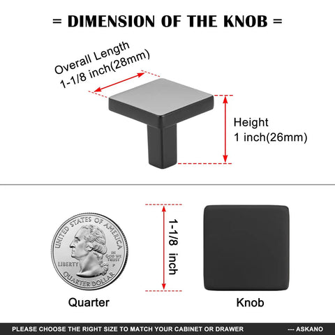 Diagram showing 1-1/8 inch brushed gold cabinet knob dimensions with height and size comparison to a quarter