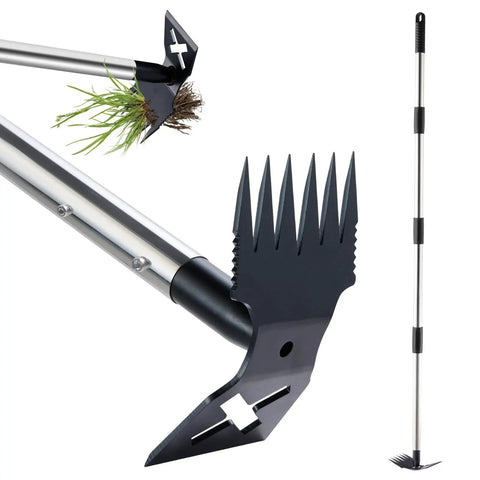 60 Inch Long Handle Weed Puller Tool With Adjustable Lengths From 17 To 60 Inches Heavy Duty 2-In-1 Manual Weed Rake And Garden Hoe