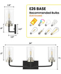 Lit Modern Bathroom Vanity Light Fixture In Matte Black, 3 Light Wall Lamp With Clear Glass Shades, Bulb Included, dimensions shown