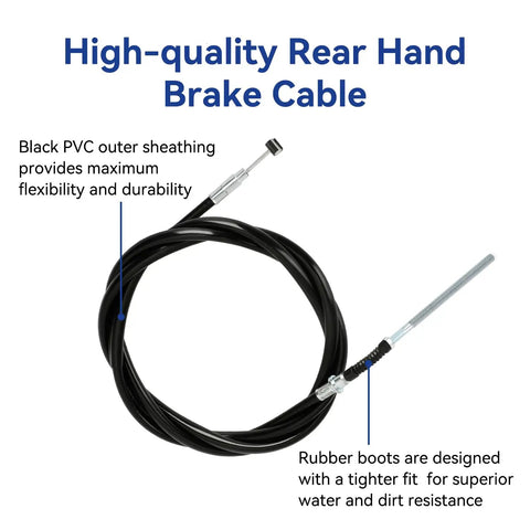 Rear Hand Brake Cable Kit for ATV Fits TRX350 Rancher 350 400 420 Foreman 400 500 Rubicon 500 Parking Brake Cable With Rear Brake Adjuster Hardware Kit Ride Ready with black PVC sheathing and metal ends showing flexibility and durability.