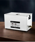Heavy Duty Ultrasonic Cleaner With 30 Gallon Tank 40KHz 600W Heater Digital Timer on wooden surface.