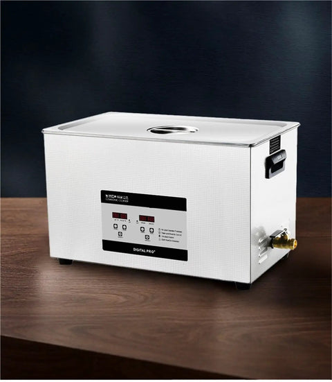 Heavy Duty Ultrasonic Cleaner With 30 Gallon Tank 40KHz 600W Heater Digital Timer on wooden surface.