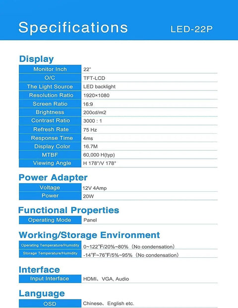 Specifications for 22 Inch Full HD Security Monitor With HDMI VGA And Built In Speaker No Bluetooth Or WiFi Works With CCTV DVR NVR