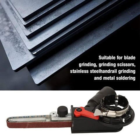 Heavy Duty Belt Sander Adapter For Angle Grinder Featuring Five Eighth Inch Thread Zero Hassle Setup For Hardwood Stripping Metal Deburring And Flawless Weld Blending A Hella Solid Workshop Addition You Need with sanding belt and adjustment knob.