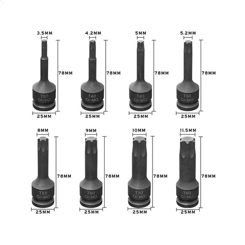 8 Piece Pneumatic Wrench Hex Drive Bit Set T30 T40 T45 T50 T55 T60 T70 T80 Driver Bits For Ratchet Wrench And Drill With High Hardness Alloy S2 Steel Construction In Protective Case