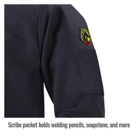 Scribe pocket on 9 Oz Flame-Resistant Cotton Welding Jacket With Welder's Collar Leather Reinforced Snaps Large Model FBK9-30C