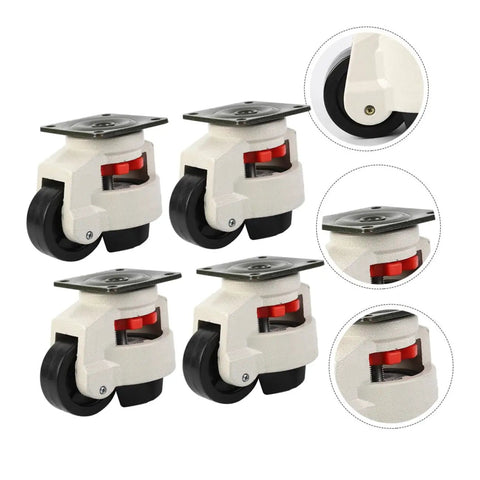 Four Pack Heavy Duty Swivel Leveling Casters For Workbenches And Industrial Carts, adjustable 60mm base, black wheels