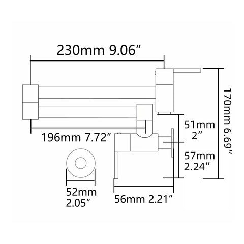 Dimension diagram of Brushed Gold Wall Mount Pot Filler Faucet With Folding Reach And Brass Construction Sixteen Point Seven Inch Extension Single Hole Install For Hot Or Cold Water Fast Fill Near Stove Easy Reach Kitchen Upgrade