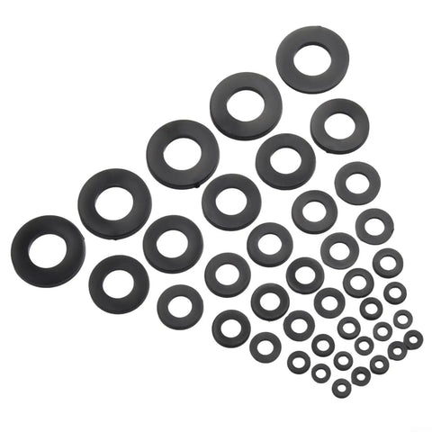 Nylon Flat Washer Set 500-Piece Assortment M2 To M10 Black Durable Nylon Washers For Auto, Home And Workshop DIY Projects With An Organized Storage Box For Easy Sorting And Quick Access. Black nylon flat washers in assorted M2 to M10 sizes, arranged by size