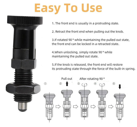Rock Solid Push Fit Ball Nose Carbon Steel Spring Knob Plunger With Self Locking Retractable Index Pin For Heavy Duty Industrial Positioning And Fixing Hardware M10 Thread diagram showing usage instructions.