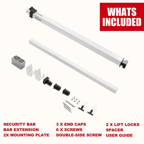 Extendable Window Security Bar 14.25 to 37 Inches Heavy Duty Iron Easy Install Child Proof For Horizontal And Vertical Windows White Finish Deterrent Provides Up To 250 Pound Force For Extra Home Security shown with parts included, such as mounting plates and screws.