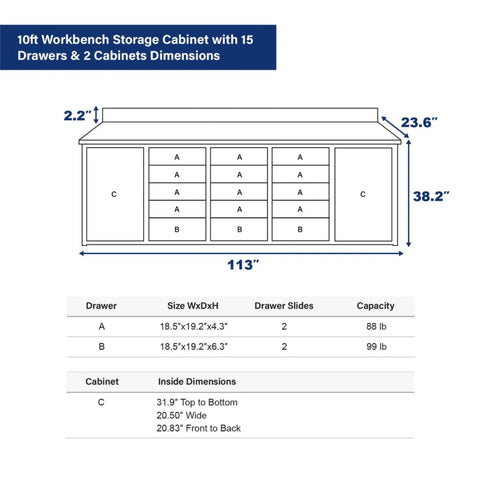 10 Ft Workbench With 15 Locking Drawers Stainless Steel Top Galvanized Steel Frame Powder Coated Finish dimensions diagram.