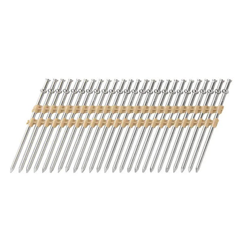 Two And Three Quarters Inch Collated Duplex Nails With Plastic Strip For Concrete Forms And Quick Scaffolding Twenty One Degree Full Round Duplex Head Smooth Shank Two Thousand Per Box Compatible With NR3675DD aligned in a row