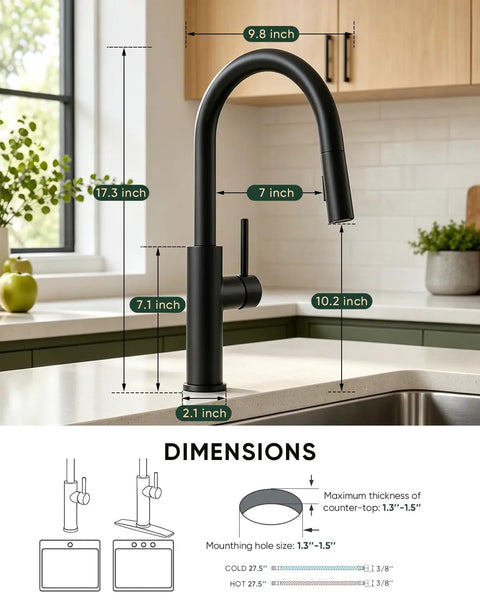 Black Kitchen Faucets with Pull Down Sprayer Kitchen Sink Faucet with Pull Out Sprayer Single Hole Deck Mount Single Handle Stainless Steel Grifos De Cocina 866026R showing dimensions, height 17.3 inches.