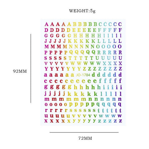 Colorful alphabet sticker sheet with uppercase and lowercase letters, dimensions 92mm by 72mm.