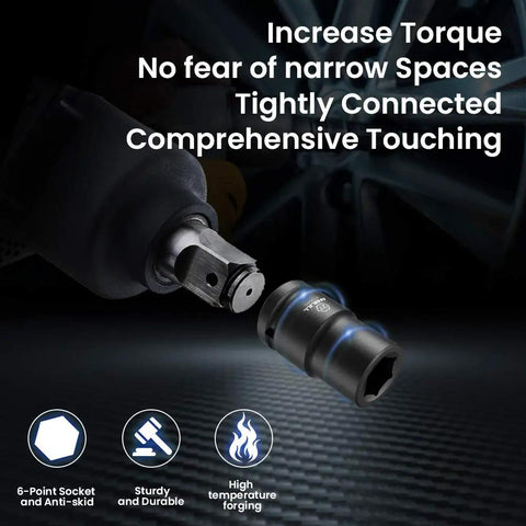 Impact wrench with 1 Inch Drive Deep Impact Socket Set, 9-Piece Jumbo 6-Point Metric Sockets, highlighting features for high torque use.