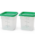 Two Pack 4 Qt Square Food Storage Containers With Green Lids, Microwave Safe And BPA Free, Translucent, Classic Series, front view