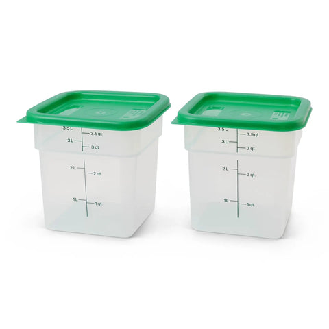 Two Pack 4 Qt Square Food Storage Containers With Green Lids, Microwave Safe And BPA Free, Translucent, Classic Series, front view