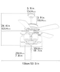 Slick Five Blade Vintage Gold Ceiling Fan With Six Frosted Milk Glass Lights And Rugged Dark Wood Blades dimensions drawing