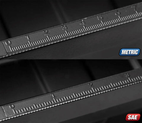 Close-up of metric and SAE measurements on Pro Tool Caddy With Dual Oversized Compartments, Removable Magnetic Tray, Hidden Storage.