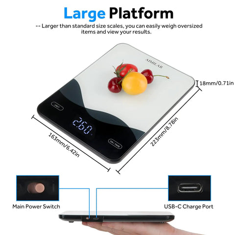 Digital Kitchen Scale 22lb 10kg USB C Rechargeable With Tempered Glass Top Easy Clean LED Touch Screen shown with fruit