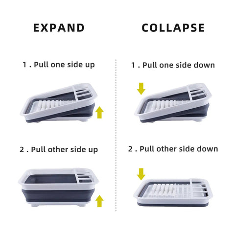 Collapsible Dish Drainer Portable Dinnerware Drainer Organizer for Kitchen RV Campers Travel Trailer showing expansion and collapse steps