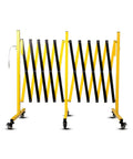 Rock Solid Rolling Security Gate 17ft Expandable Metal Barricade with yellow and black design, featuring easy roll wheels and locking brakes.