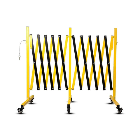 Rock Solid Rolling Security Gate 17ft Expandable Metal Barricade with yellow and black design, featuring easy roll wheels and locking brakes.