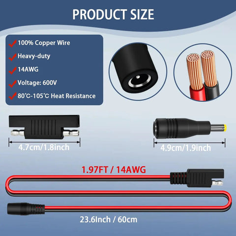 SAE To DC Power Adapter Kit 2 Pack For Solar Panels dimensions and details, showing connectors and cable length, 14AWG, copper wire.