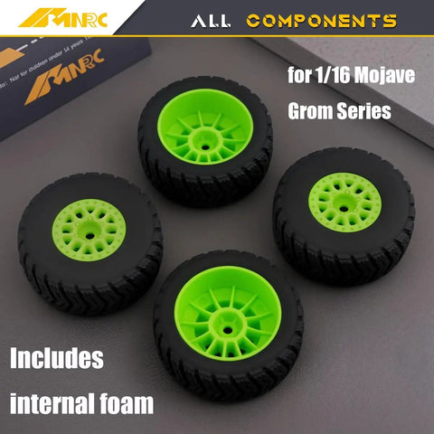 Pre Glued Wheel And Tire Set For Arrma One Sixteenth Mojave Grom RC Car Upgrade Green Rim Rubber With Internal Foam Durable Plastic Rim Easy Install Ready To Run Desert Truck Ready Performance. 1/16 Mojave Grom wheel set with green rims and internal foam