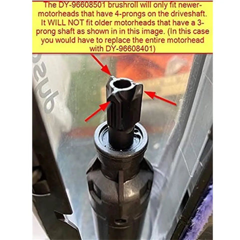 Close-up of Dyson V6 vacuum cleaner head with 3-prong drive shaft, note on compatibility with Replacement Brush Roller For Dyson V6 Vacuum Cleaner Head 966084-01 Bar Assembly Compatible With 966821-01 4 Prong Drive No Screw Easy Fit Durable Plastic Build