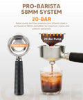 Close-up of a 58mm portafilter pouring espresso with crema into a glass, showcasing 20 Bar pump for extraction.
