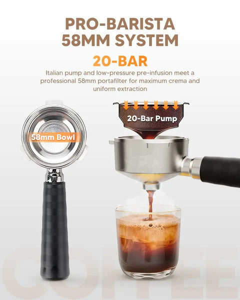 Close-up of a 58mm portafilter pouring espresso with crema into a glass, showcasing 20 Bar pump for extraction.