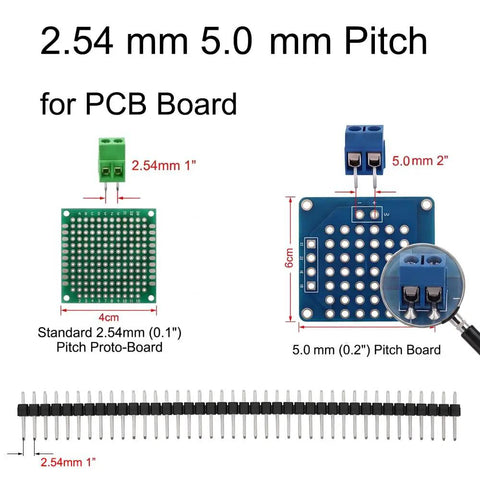 Heavy Duty 152 Pcs PCB Screw Terminal Block Kit With 2.54Mm And 5.0Mm Pitch Multi Pin Connectors Plus Male Header Pins For Breadboard Circuit DIY Electronics Projects Badass Quality Guaranteed layout showing 2.54mm and 5.0mm pitch options.