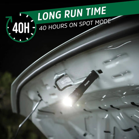 1200SL-R Flat Rechargeable LED Flashlight for EDC and Tac Use attached under car hood, ultra bright beam shown