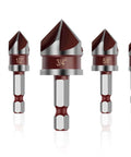 Five-piece countersink drill bit set with hex shanks, sizes 1/4 in to 3/4 in, 82-degree HSS bits