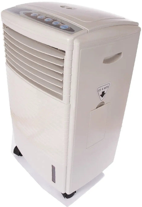 Portable Evaporative Air Cooler Humidifier Fan 10 Liter Tank with control panel and wheels for easy mobility.