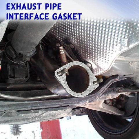 Two-piece metal exhaust flange gasket for car, close-up view with studs on flange