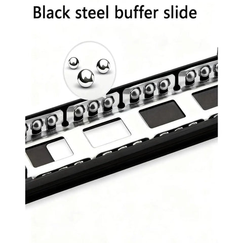 Close-up of black steel buffer slide featuring ball bearings for concealed undermount drawer slides heavy duty ball bearing with silky smooth zero drag glide and no sweat quick install for ridiculously tough cabinet builds.