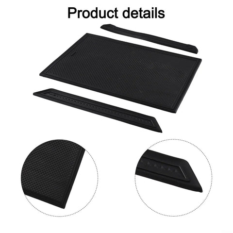 Slick Sliding Center Console Organizer Tray For Tesla Cybertruck 2024 And Up Models Black rubber mat with three pieces.