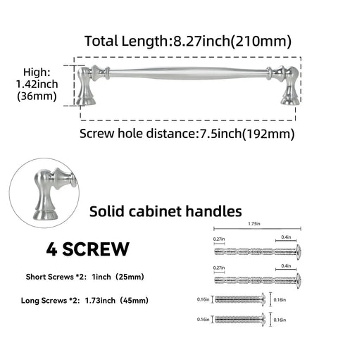 10 Pack 7.5 Inch Brushed Satin Nickel Kitchen Cabinet Handles Drawer Pulls Set With 192mm Center-to-Center diagram