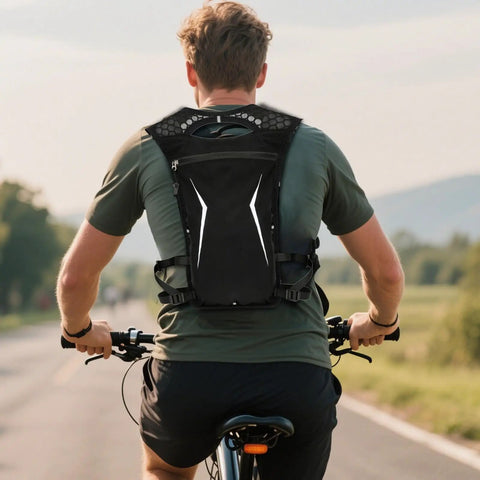 Cyclist wearing a Running Hydration Backpack With Built In Water Reservoir Vest For Outdoor Fitness Lightweight Hydration Pack