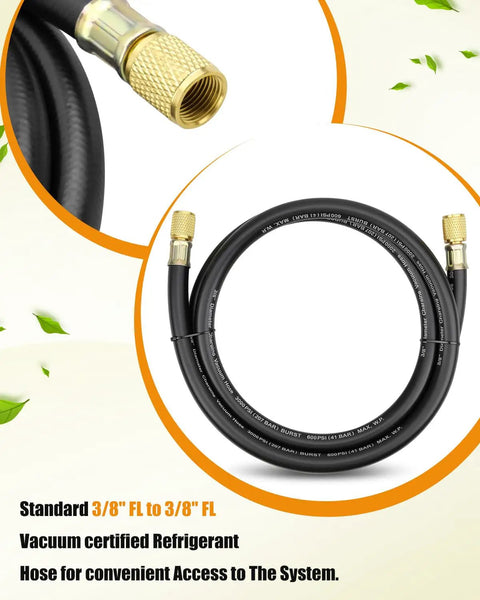 Heavy Duty Three Eighths Inch Vacuum Hose With Three Eighths Inch Fittings, Five Ft Black, Built To Handle 600 PSI Working Pressure