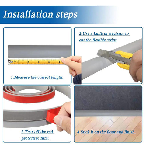 Installation steps for Self Adhesive Carpet And Floor Transition Strip For Home Reno, showing measurement and cutting with tools.
