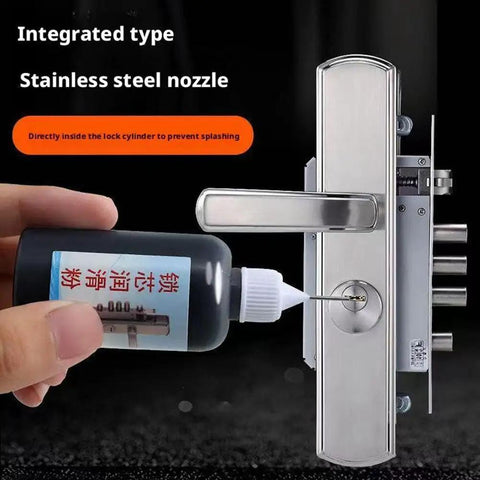 Hand applying lubricant with nozzle onto a stainless steel door lock for Graphite Lock Lubricant Powder For Car Keys And Door Locks Universal Hinge And Window Guide Lubricant Multifunctional Lock Powder For Smooth Operation Rust Prevention And Easy Key Insertion 1 Piece