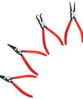 Four Piece Snap Ring Pliers Set With Self Opening Spring Loaded Handles For Internal And External Rings One Hand Operation Comfortable Grip Offset Nose For Easy Access Pro Grade Heavy Duty Fits Ring Diameters From 0.06 To 2 Inches.