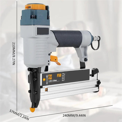 Heavy Duty 16 Ga And 18 Ga Pneumatic Brad Nailer Featuring Slick Depth Adjustment Knobs Hella Comfortable Grip for seamless DIY carpentry projects.