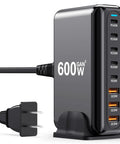 600W USB C Charger Hub With 8 Ports Fast Charge Station GaN PPS PD 140W 100W Power Adapter, side view with plug.