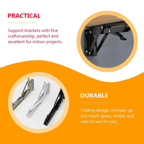 Premium Black Corner Shelving Brackets Wall Mount Storage Heavy Duty Steel Folding Shelf Supports showing two folding brackets.