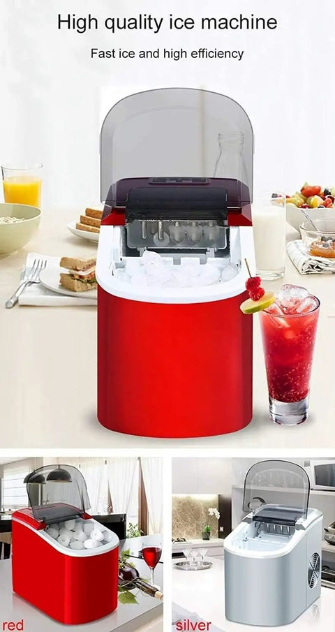 Sleek Countertop Ice Machine Cranking Out Thirty Three Pounds Of Snap Frozen Cubes In Six Minutes With Dual Sizes And No Sweat Setup For Weekend Bashes in red, producing ice.